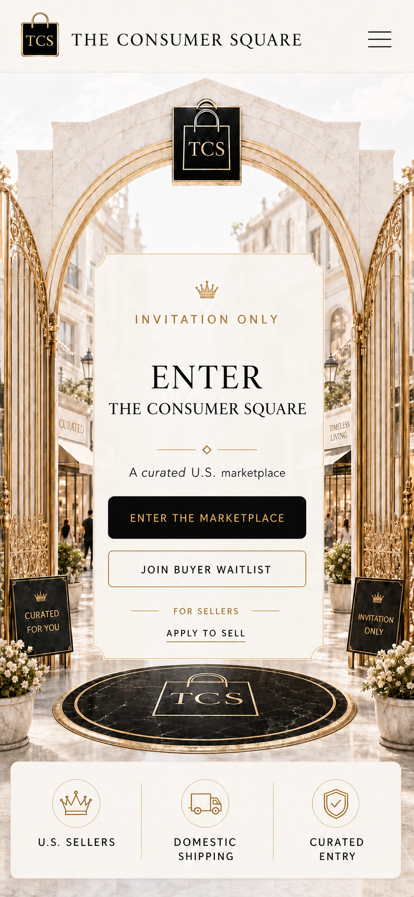 The Consumer Square invitation-only marketplace entrance with gold gates and curated entry standards.